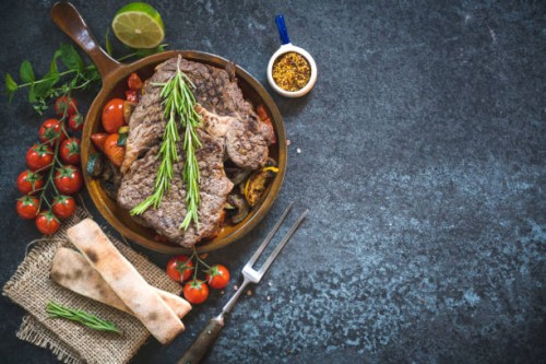 roasted pork steak background - junk food stock pictures, royalty-free photos & images