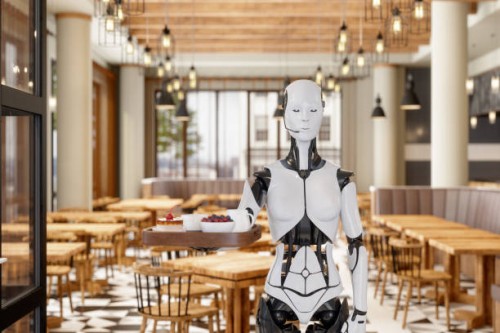 robot waitress serving in a restaurant - food stock pictures, royalty-free photos & images