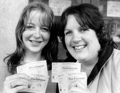 Rock fans Carol Morton and Pearl Meenagh, first in queue for Rolling Stones tickets outside the Apollo Centre, Glasgow, Scotland, 20th May 1982.