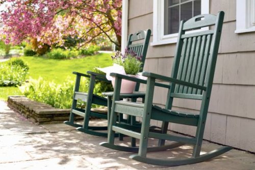 rocking chairs and pot of lavender. - garden decoration stock pictures, royalty-free photos & images