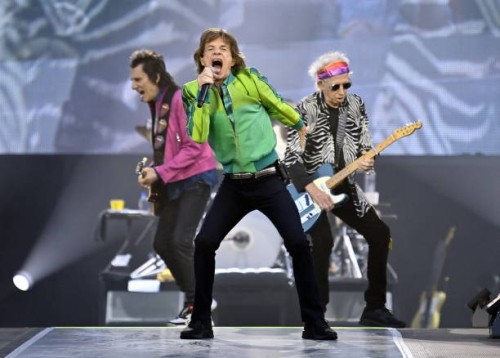 Rolling Stones guitar player Ronnie Wood, Rolling Stones singer Mick Jagger and Rolling Stones guitar player Keith Richards perform during a concert...