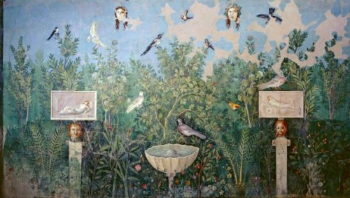 Roman civilization, 1st century A.D. Wall decorated with Third style fresco, depicting garden and birds. From Pompei.
