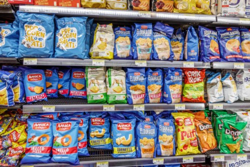 Rome, Italy, Via del Pozzetto, Tigre Supermercado, supermarket, shelves displaying bags of chips snack food, Eldorada Amica Crik Crok.
