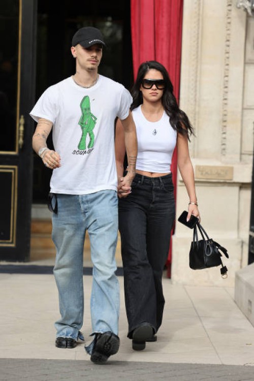 Romeo Beckham and Kim Turnbull are seen leaving their hotel during the Womenswear Fall/Winter 2025/2026 as part of Paris Fashion Week on March 07,...