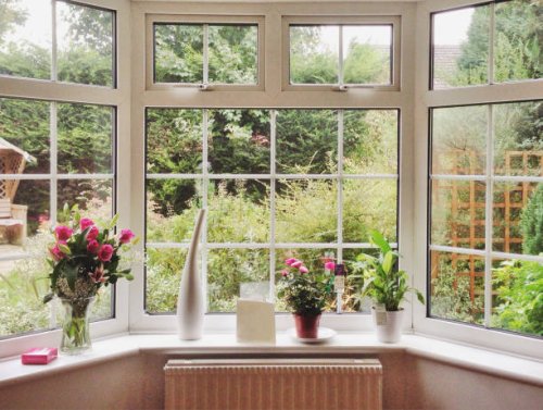 rose bouquet and pot plants on bay window in a home - garden decoration stock pictures, royalty-free photos & images