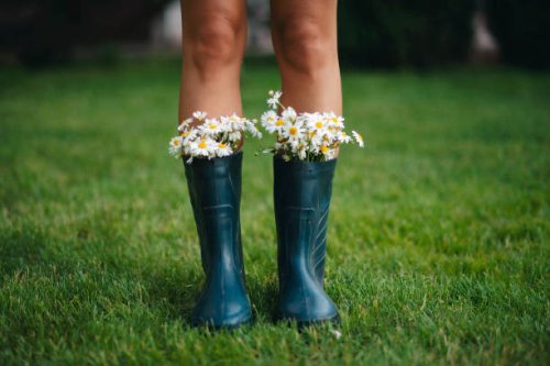 rubber boots with beautiful field flowers in garden. copy space for text - garden decoration stock pictures, royalty-free photos & images