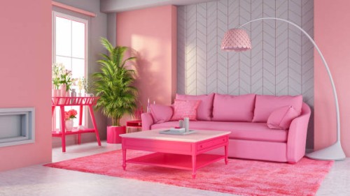 sala de estar rosa pastel con sofá y muebles - home decoration fotografías e imágenes de stock