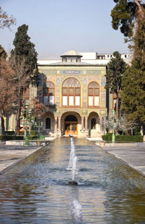 salam hall (reception hall) at golestan palace (kakh-e golestan) with fountain on foreground,tehran, iran - garden decoration stock pictures, royalty-free photos & images