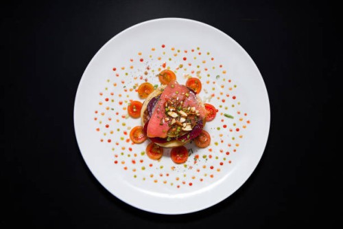 salmon turnip and beet millefeuille - food stock pictures, royalty-free photos & images