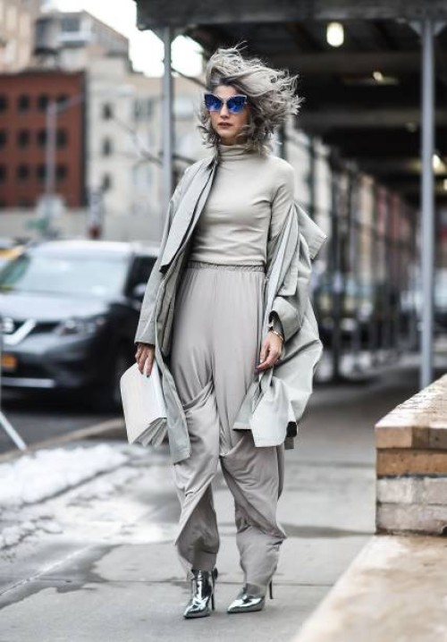 Samantha Angelo is seen wearing an all gray outfit outside the Anna Sui show during New York Fashion Week on February 15, 2017 in New York City.