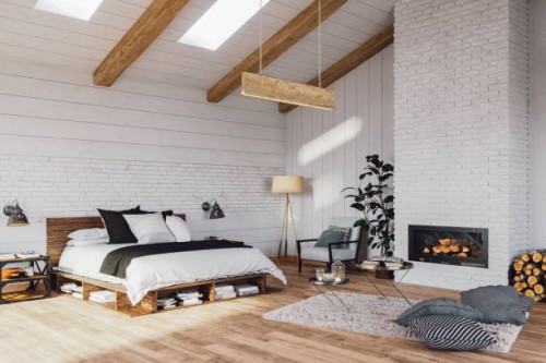 scandinavian bedroom in a luxurious cottage house - home decoration stock pictures, royalty-free photos & images
