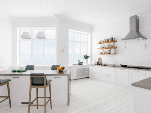 scandinavian design minimalist kitchen interior - home decoration stock pictures, royalty-free photos & images