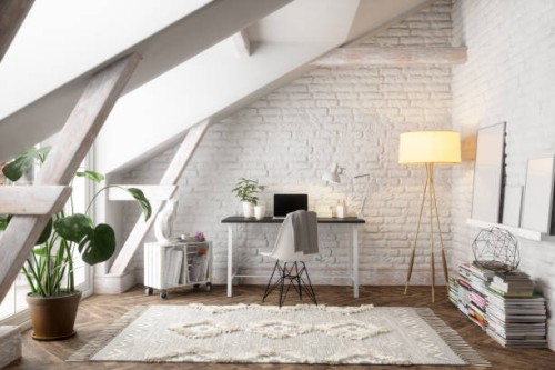 scandinavian style attic modern home office interior - home decoration stock pictures, royalty-free photos & images