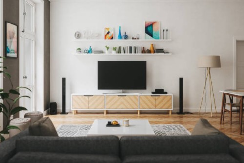 scandinavian style modern living room with entertainment center - home decoration stock pictures, royalty-free photos & images