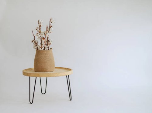 scandinavian white interior modern decoration, scandi table with jute vase and cotton banches on white background - home decoration stock pictures, royalty-free photos & images
