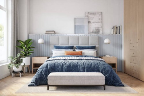 scandinavisch slaapkamerinterieur - stockfoto - home decoration stockfoto's en -beelden