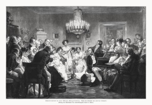 schubertiade, painted (1897) by julius schmid, wood engraving, published 1899 - concert stock illustrations
