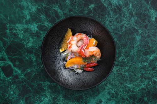 seafood prawn salad with oranges and chili - food stock pictures, royalty-free photos & images