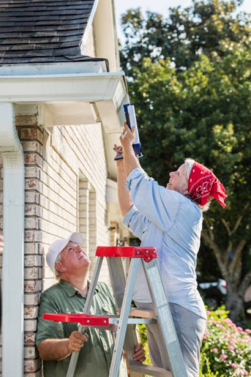 senior couple doing home maintenance - home decoration stock pictures, royalty-free photos & images