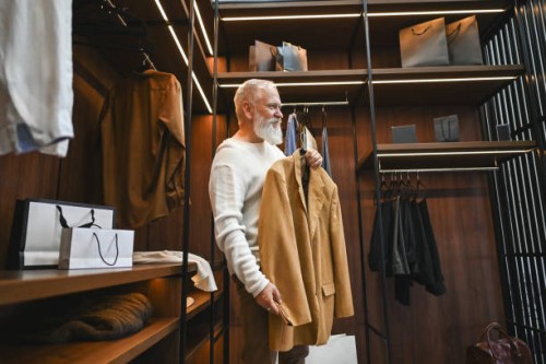 senior man buying clothes at department store. - fashion stock pictures, royalty-free photos & images