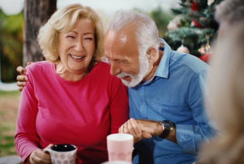 seniorenpaar feiert weihnachten gemeinsam. - garden decoration stock-fotos und bilder