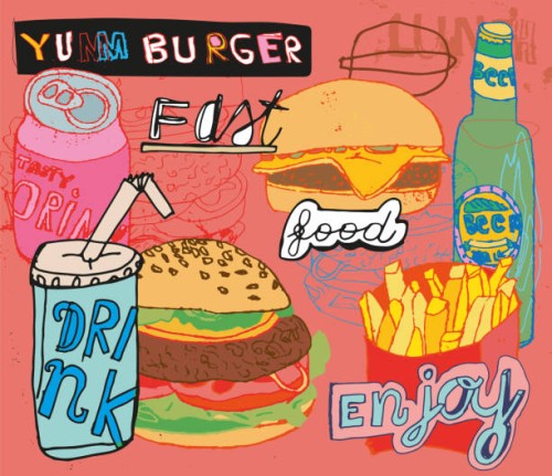 set of a tasty drinks and burgers - junk food stock illustrations