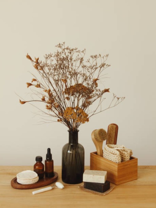 set of beauty products with plastic free toiletries and vase with flowers - home decoration stock pictures, royalty-free photos & images