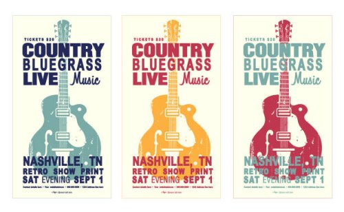 set of colorful nashville country bluegrass style retro poster typography design template with electric guitar - concert stock illustrations