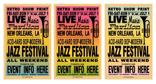 set of jazz festival hatch style retro poster typography design template with gradient background and trumpet - concert stock illustrations