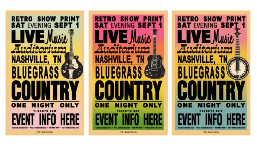 set of nashville country bluegrass style retro poster typography design template with gradient background and instruments guitar, acoustic guitar, banjo - concert stock illustrations