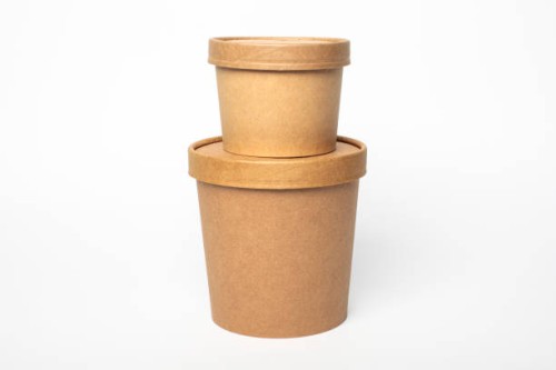 set of paper packaging, brown cardboard on white background. recyclable packaging - junk food stock pictures, royalty-free photos & images