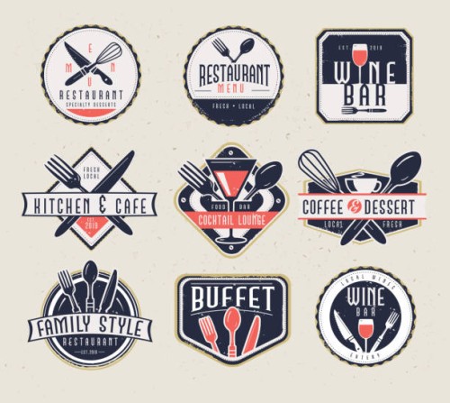 set of restaurant menu and bar labels with unique shapes and text designs as well as utensils and drinkware - food stock illustrations