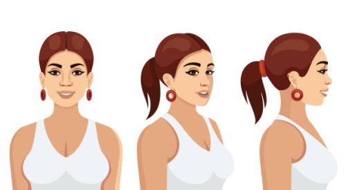 set of three different angles. woman face viewed in three positions. - hairstyle stock illustrations