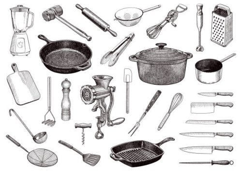 set of vector drawings of kitchen tools - food stock illustrations