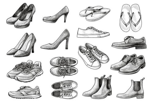 set of vector drawings of various shoes - fashion stock illustrations