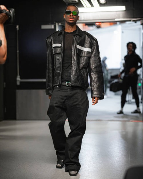 Shai Gilgeous-Alexander of the Oklahoma City Thunder arrives to the arena before the game against the Minnesota Timberwolves during the 2023 Play-In...