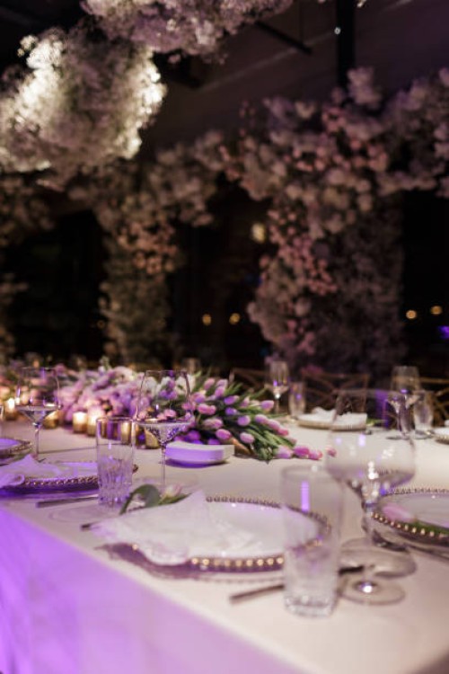 shiny glasses on the stylishly decorated festive table - home decoration stock pictures, royalty-free photos & images