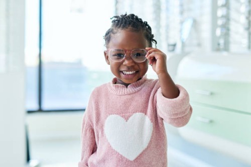 shop, glasses and eyes of black child with vision healthcare, frame check or choice in retail with kids medical insurance. eye care, store and african girl with lens for promotion sale. or marketing - fashion stock pictures, 