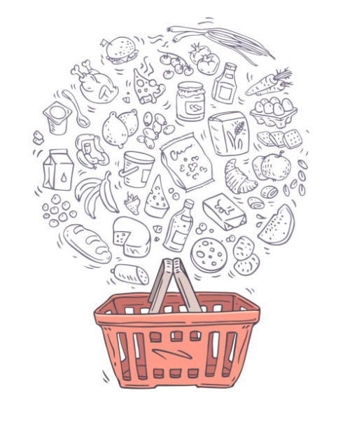 shopping basket and groceries set sketch - food stock illustrations