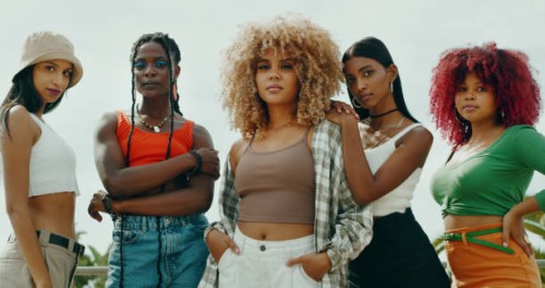 shot of a group of young girl friends in the city - fashion stock pictures, royalty-free photos & images