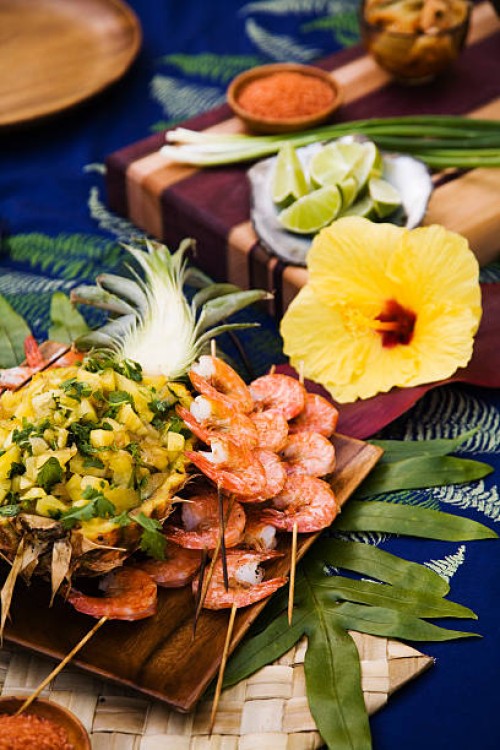 shrimp with pineapple salsa - food stock pictures, royalty-free photos & images