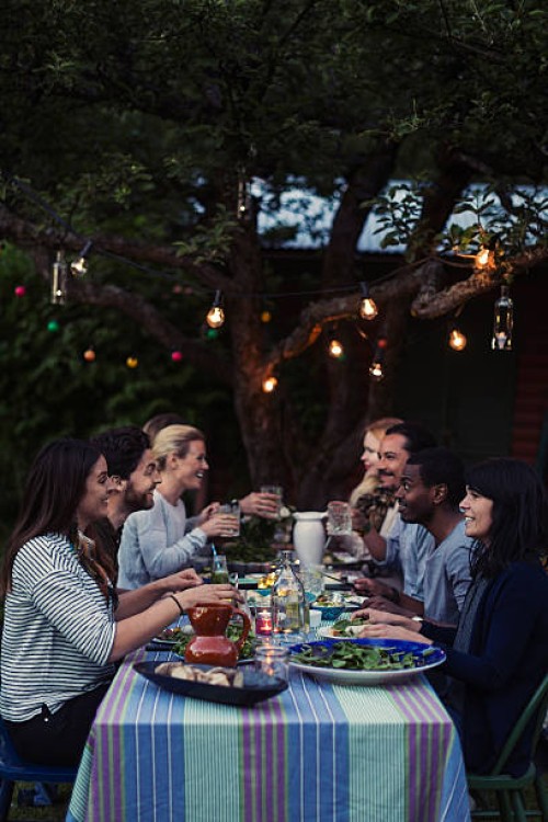 side view of happy friends having dinner at table in yard - garden decoration stock pictures, royalty-free photos & images