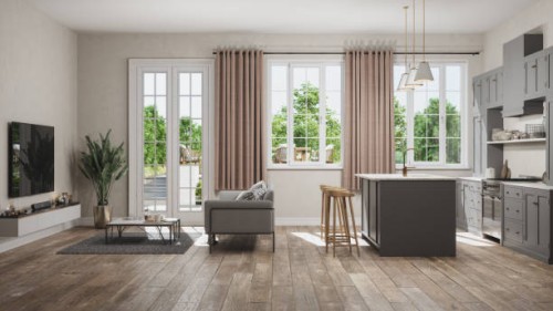 side view of open plan kitchen with living room and garden view from the window - home decoration stock pictures, royalty-free photos & images
