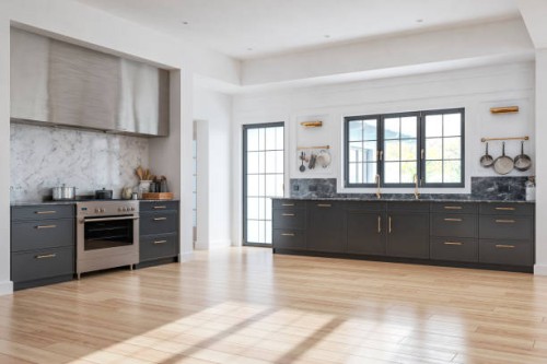 side view of retro anthracite, stainless steel and marble kitchen with old-fashioned windows - food stock pictures, royalty-free photos & images
