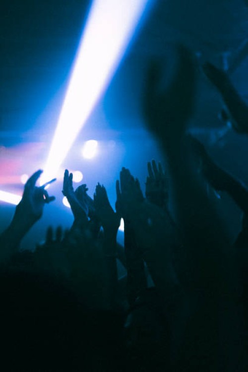 silhouette raised hands of women and men dancing at nightclub - concert stock pictures, royalty-free photos & images