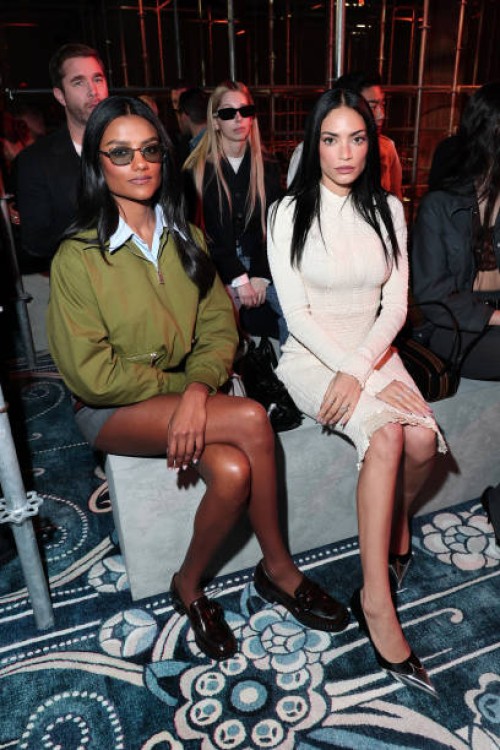 Simone Ashley and Elodie attend the Prada Fall/Winter 2025 Womenswear fashion show during Milan Fashion Week Spring/Summer 2025 on February 27, 2025...