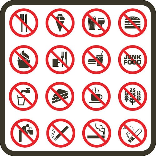 simple prohibited food, drink and smoking signs - food stock illustrations