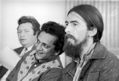 Singer-songwriter George Harrison , former member of The Beatles, at the Royal Festival Hall with Indian sitar maestro Ravi Shankar, during the time...