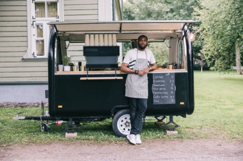 small business barista with his coffee trailer - junk food stock pictures, royalty-free photos & images