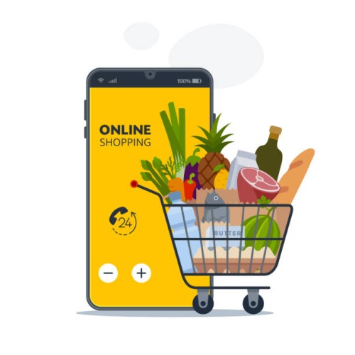 smartphone app and grocery delivery at home. - food stock illustrations